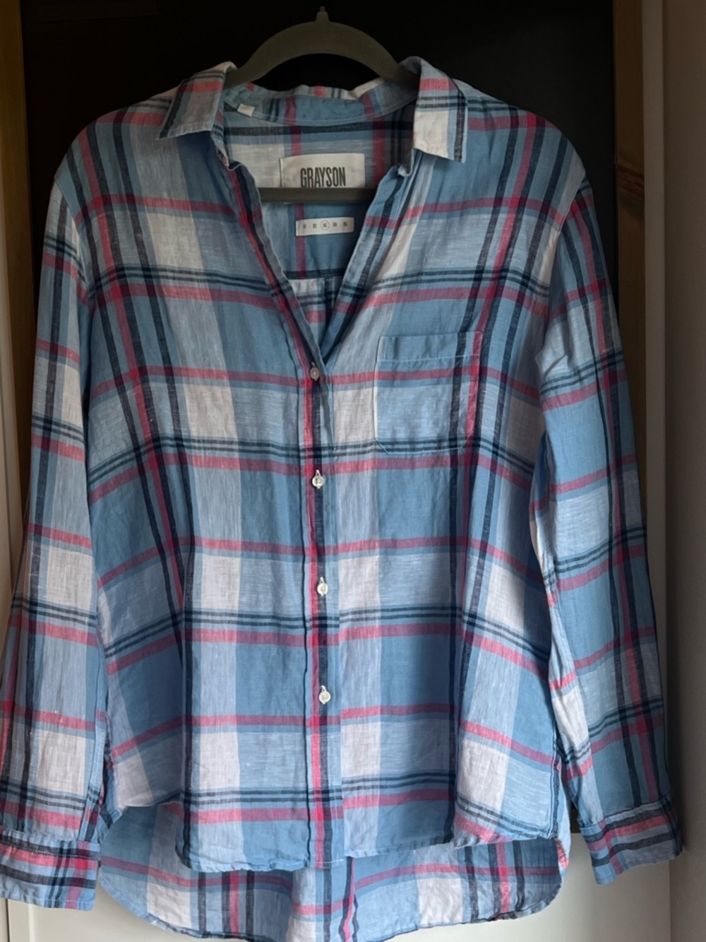 GRAYSON| The Hero Linen Shirt Blue Plaid Button Down Large Preppy - Picture 6 of 11